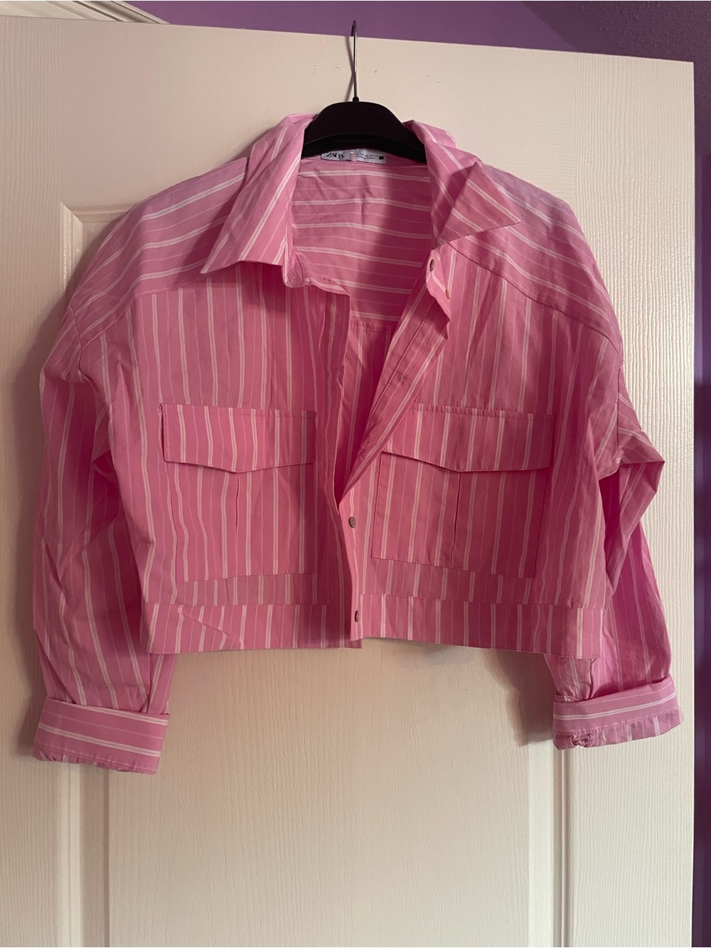 Zara Pink and White Striped Cropped Shirt Jacket